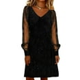thumbnail image 2 of VEKDONE Casual Dresses for Women Long Sleeve V Neck Mesh Patchwork Dress Fashion Sparkle Loose Fit Holiday Party Dresses Mini Dress Black XL, 2 of 6