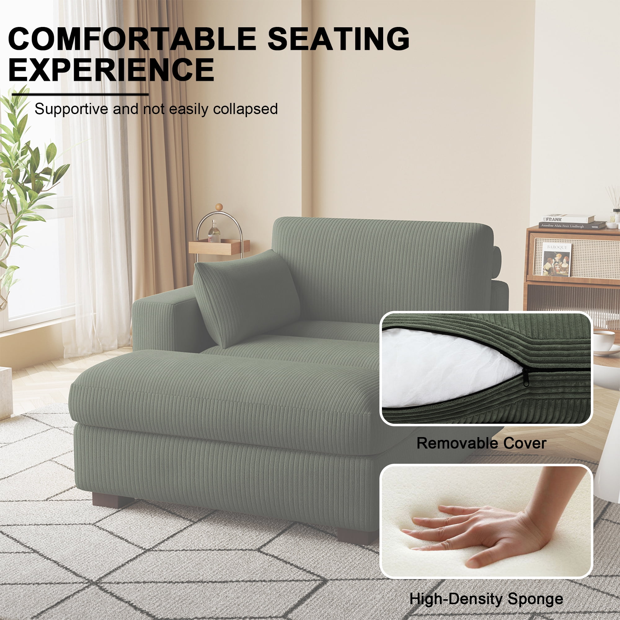 UIXE Chaise Lounge Indoor Upholstered Corduroy Sofa with Right Armrest for Living Room Bedroom, Green