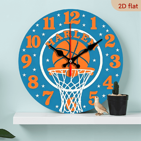 2D flat, a 10-inch wooden round wall clock, basketball Harlem hoop design. Suitable for bedroom, living room, office decoration. Can be a gift for Father's Day and other festivals.