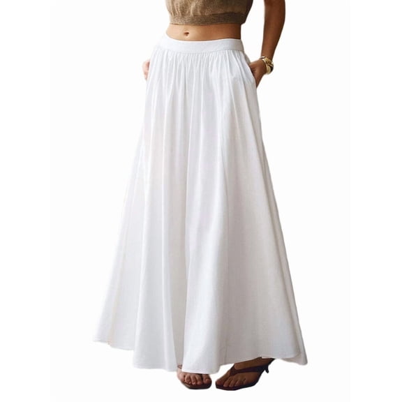 Women'S High Waist Casual Versatile Flowy Maxi Skirt Elegant Summer Boho Chic Midi Long Skirt White S