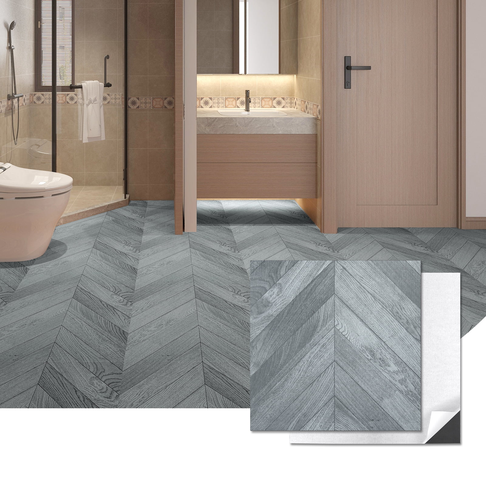 Art3d 30 Pcs Peel and Stick Vinyl Floor Tiles, 12" x 12" Self Adhesive Waterproof Wood Flooring Tile for Home Decor,Kitchen,Cover 30 Sq.ft,Grey