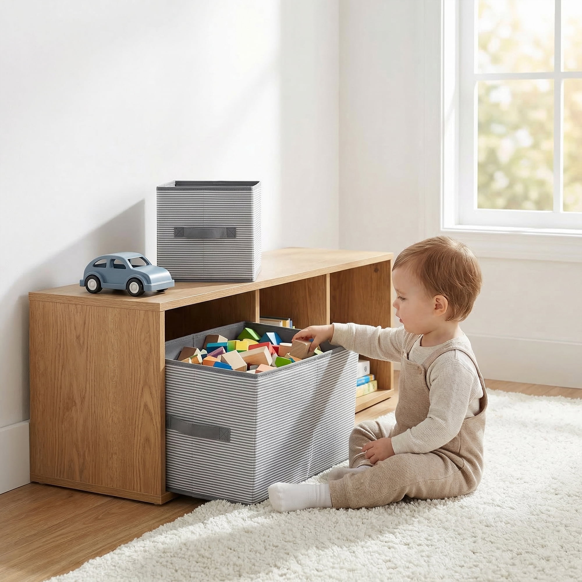 Unique Bargains 3pcs Fabric Storage Bin with Stripe Grey 19.7*13.8*12.6in
