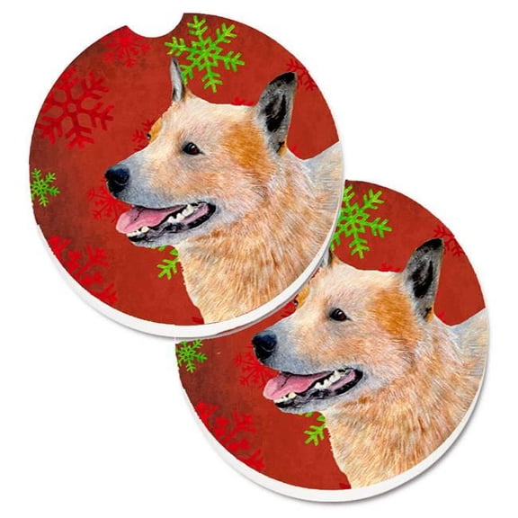 Australian Cattle Dog Red & Green Snowflakes Christmas Set of 2 Cup Holder Car Coaster