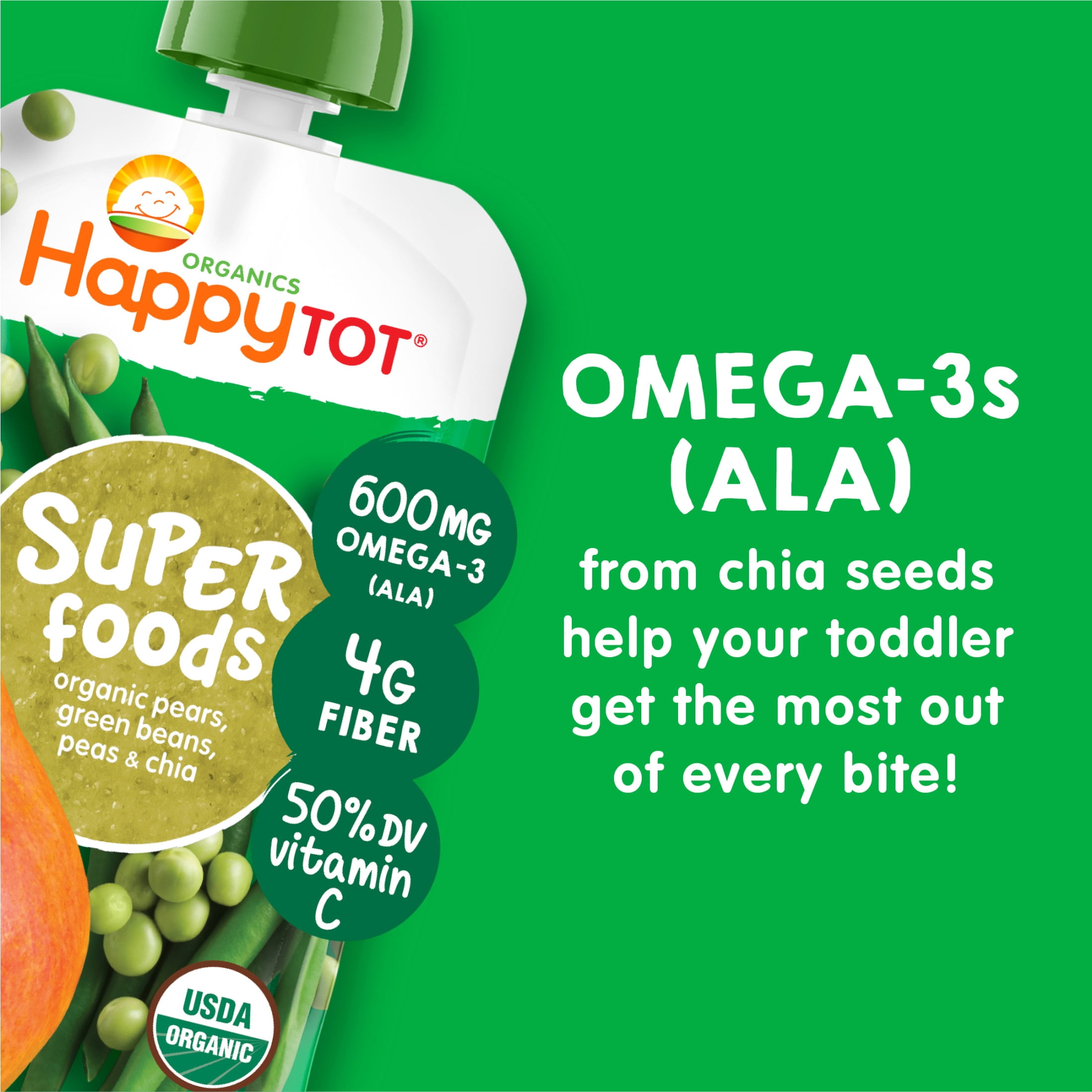 Happy Tot Organics Super Foods Stage 4, Pears Green Beans Peas & Super Chia, Organic Tot Food Pouches, 4.22 oz. (8 pack)