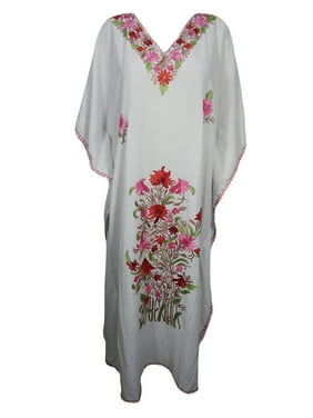 Mogul Womens Beautiful White Floral Maxi Caftan Dress 3X