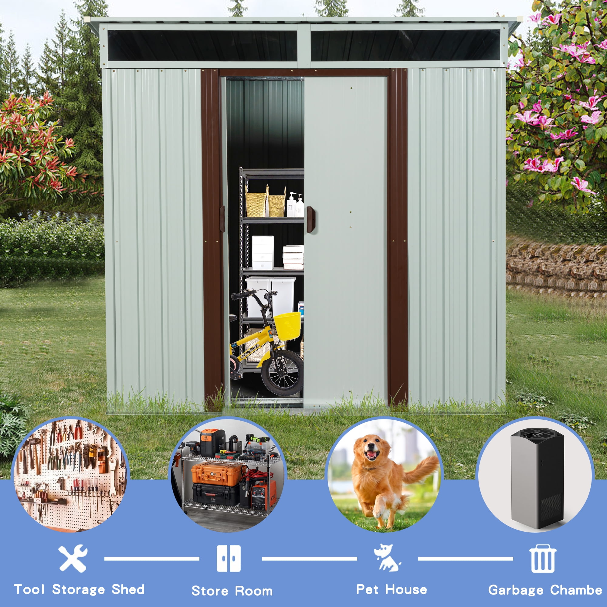 5' x 6' Outdoor Storage Shed, HOYOA Galvanized Metal Storage Shed with Lockable Door for Garden Backyard Patio Lawn, Weather Resistant and Waterproof, White