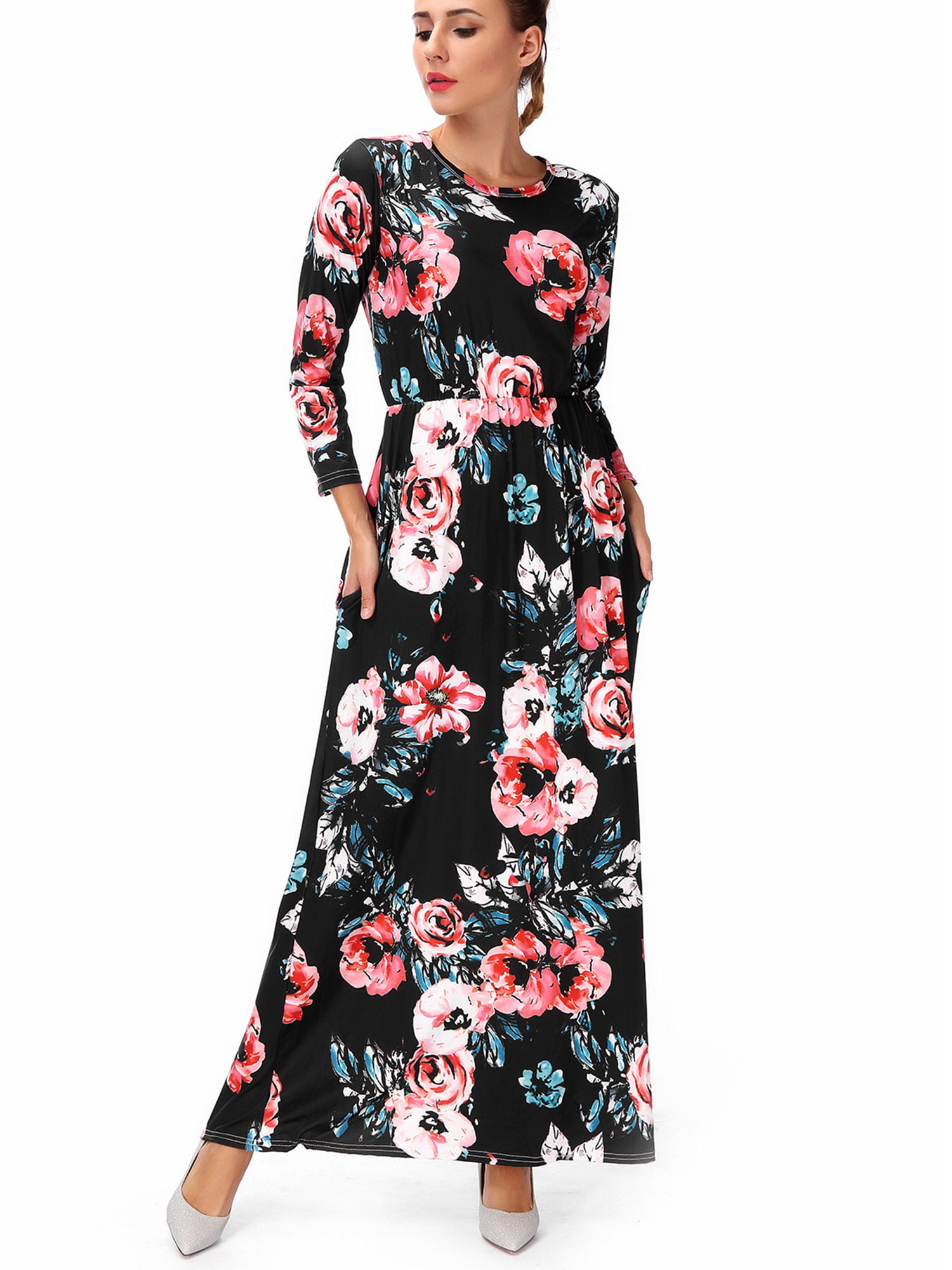 black long sleeve dress with flowers
