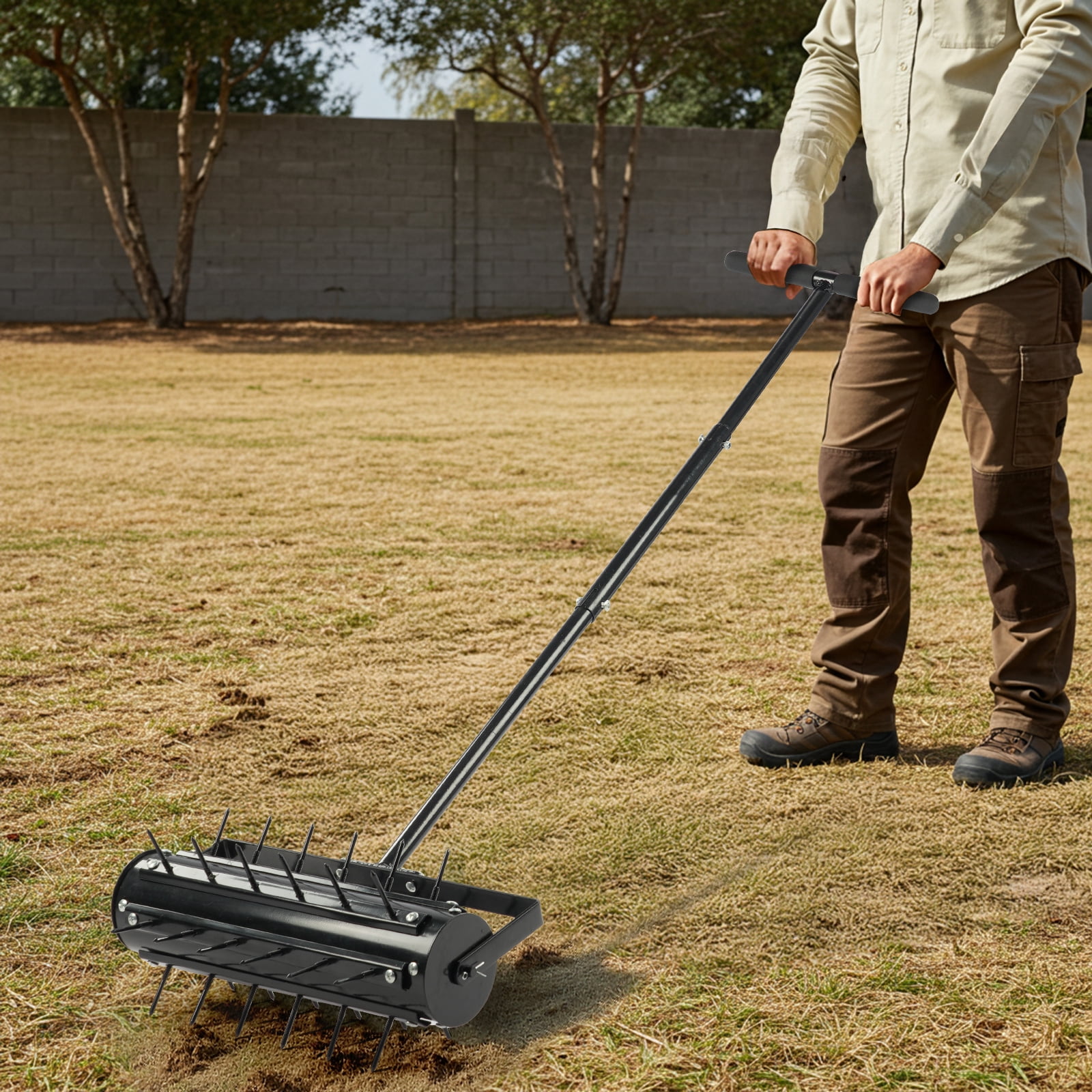 17-Inch Rolling Lawn Aerator with T-Shaped Handle, 2-Inch Steel Spikes, Galvanized Steel Frame, Universal for All Soil Types, Heavy-Duty Lawn Aeration Tool for Yard Patio Garden