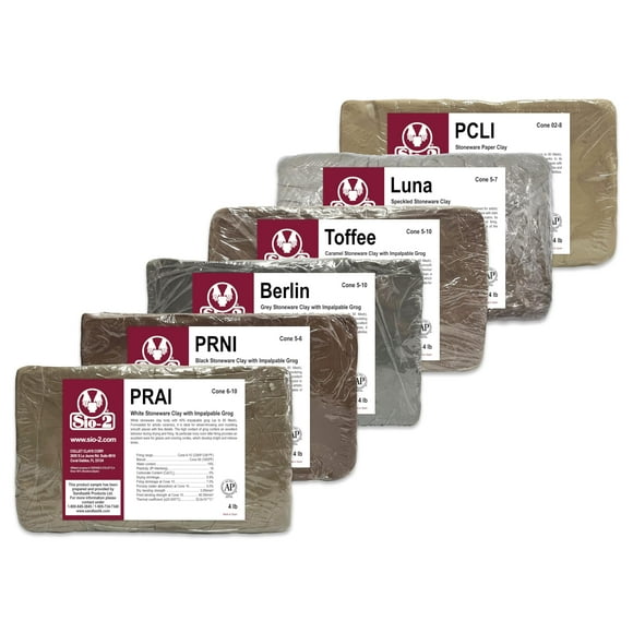 SIO-2 Stoneware Ceramic Pottery Clay Assortment, 24 lb | PRAI, PRNI, Berlin, Toffee, Luna, PCLI | High Fire Kiln-Fired Clays