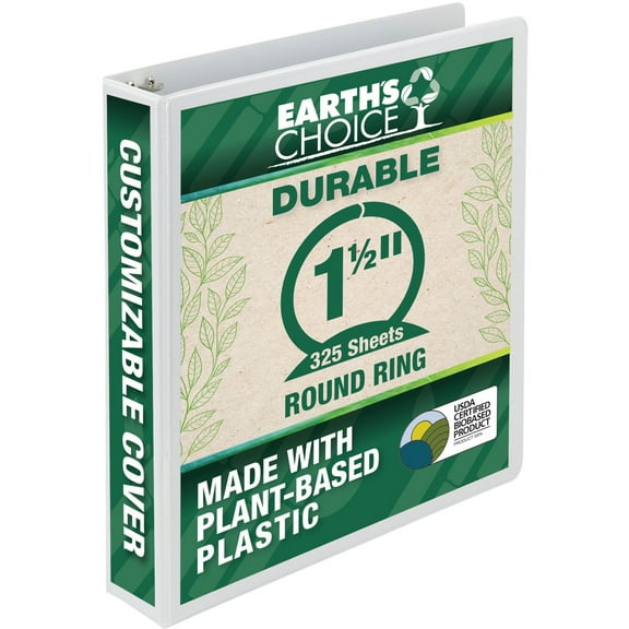 Earth's Choice Biobased Round Ring View Binder, 3 Rings, 1.5" Capacity, 11 X 8.5, White | Bundle of 5 Each
