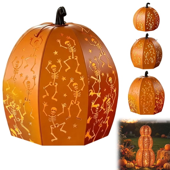 Stackable Metal Pumpkins, Stackable Skeleton Pumpkin Halloween Decoration with LED Lights, for Indoor Outdoor Porch Yard Patio Fall Halloween Decor,Orange