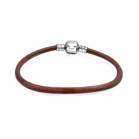 Brown Leather Cord Bracelet - Brown Leather Cord Barrel Clasp Bracelet Bead Charms 925 Silver