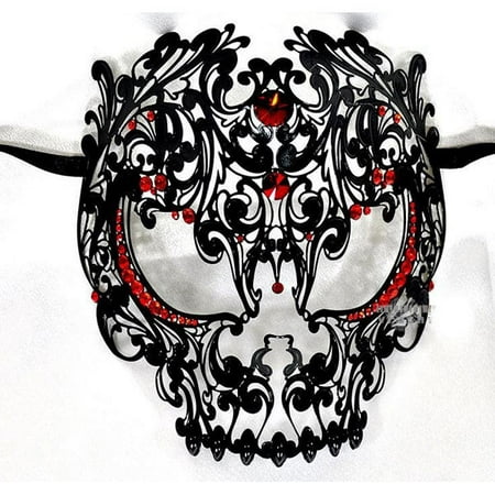 Men Devil Skull Laser Cut Metal Masquerade Mask Full Face Black with Red Crystals