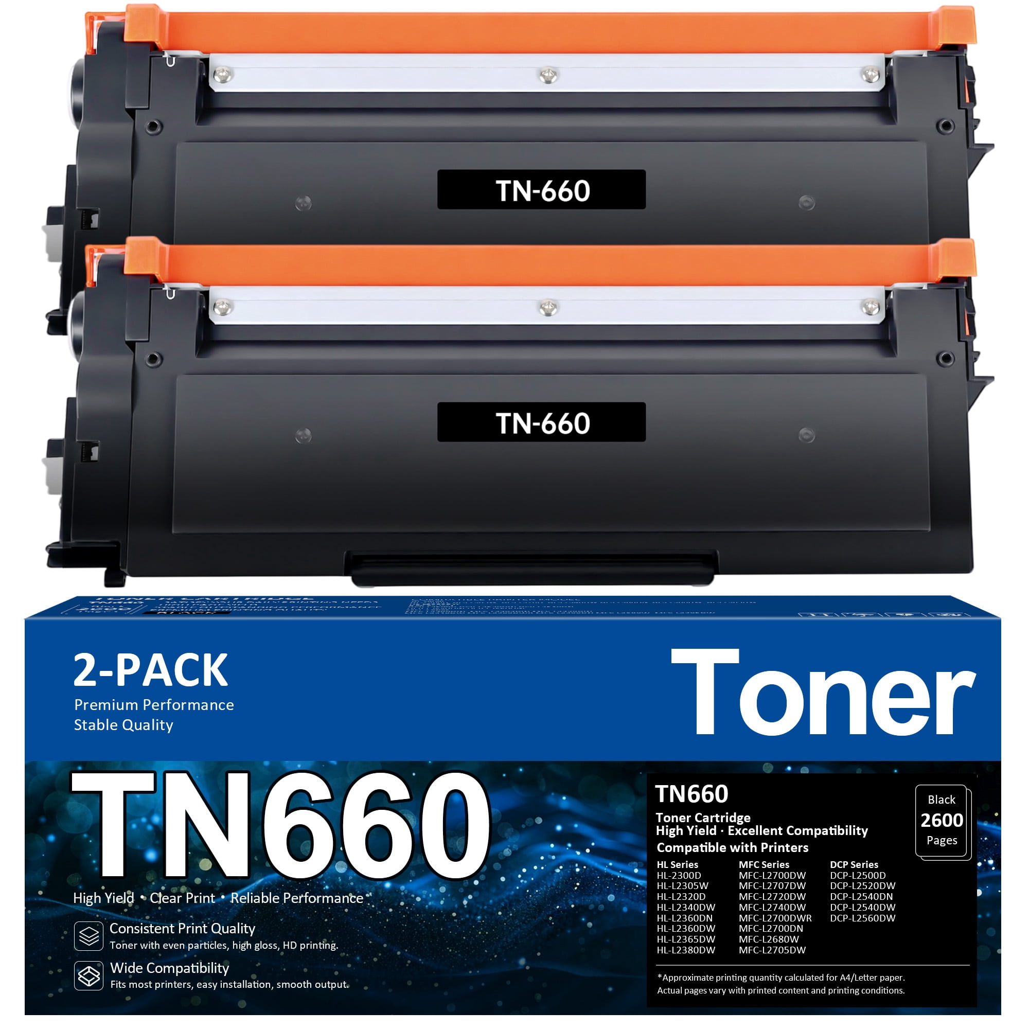 TN660 Toner Cartridge Compatible for Brother TN 660 TN-660 TN630 TN-630 HL-L2300D HL-L2380DW HL-L2320D HL-L2340DW MFC-L2700DW MFC-L2740DW DCP-L2540DW Printer Ink (Black, 2-Pack)