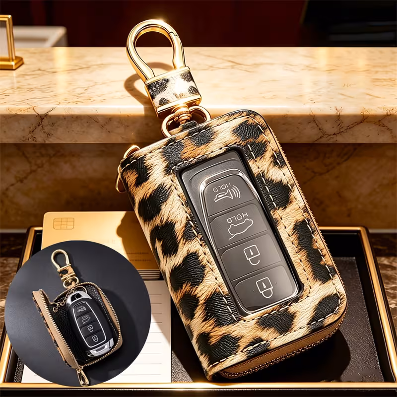 2026 New Leopard Print Key Fob Cover, Universal Car Key Case with Clear Window, Remote Button Visible & Functional