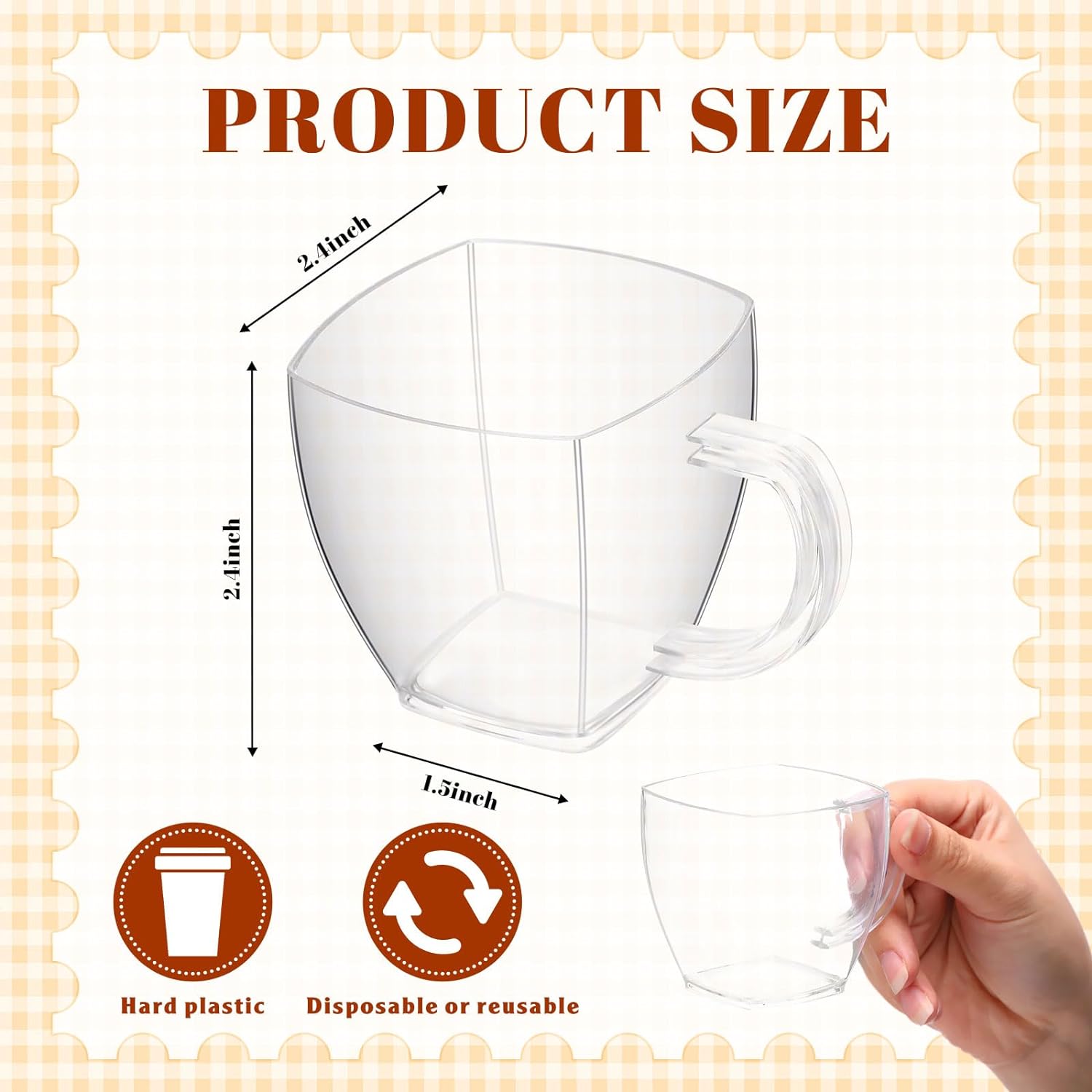 100 Pcs 5 oz Disposable Tea Cups Bulk Mini Plastic Tea Cup Bulk with Handle Hard Coffee Mug Reusable Square Espresso Mugs for Party Wedding (Clear)