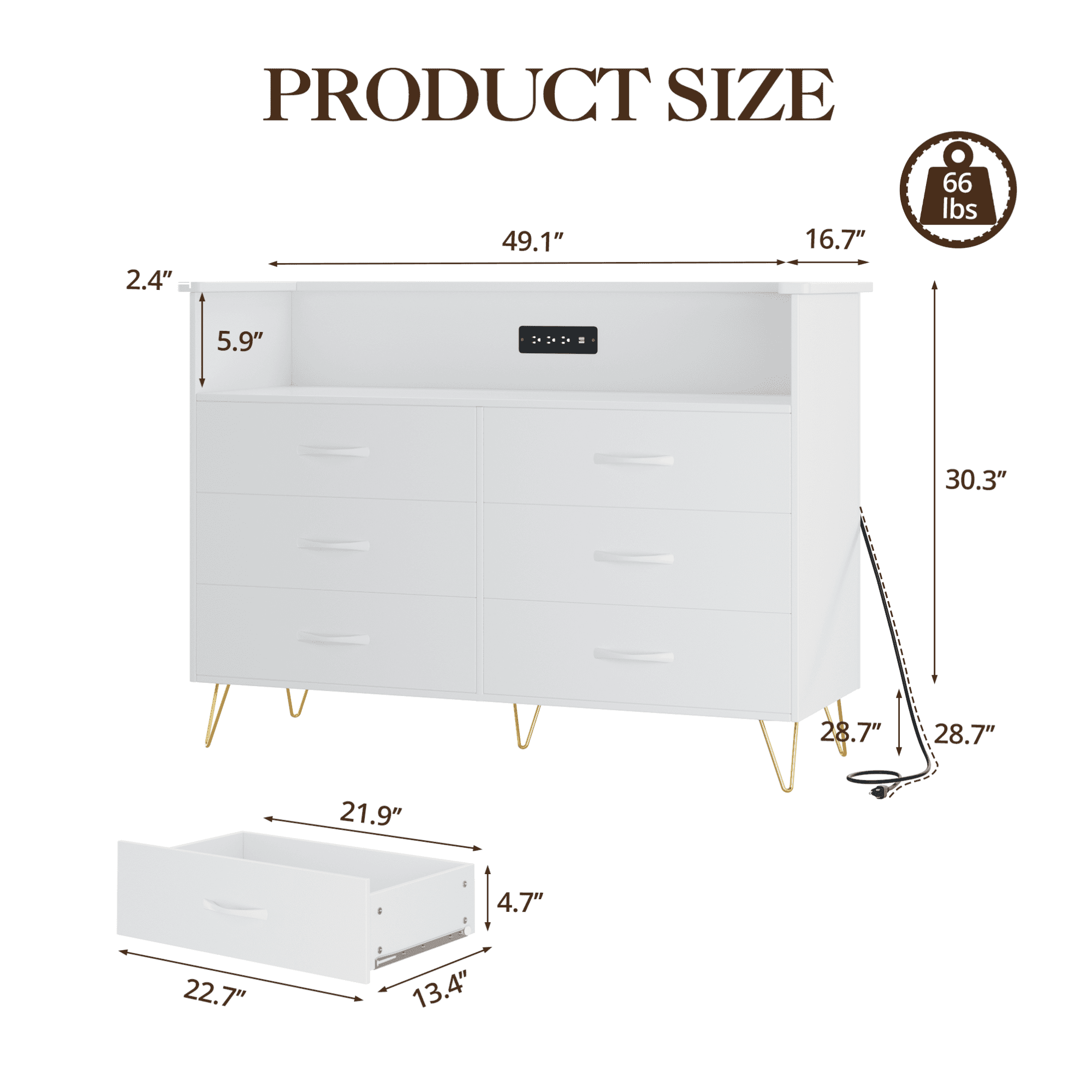 6 Drawer White Dresser with LED Lights and Charging Station,Modern Wood Dressers for Bedroom & Living Room