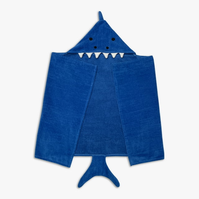 Blue kids hooded towel designed as a shark with eyes, white teeth on the hood, and a tail fin at the bottom.