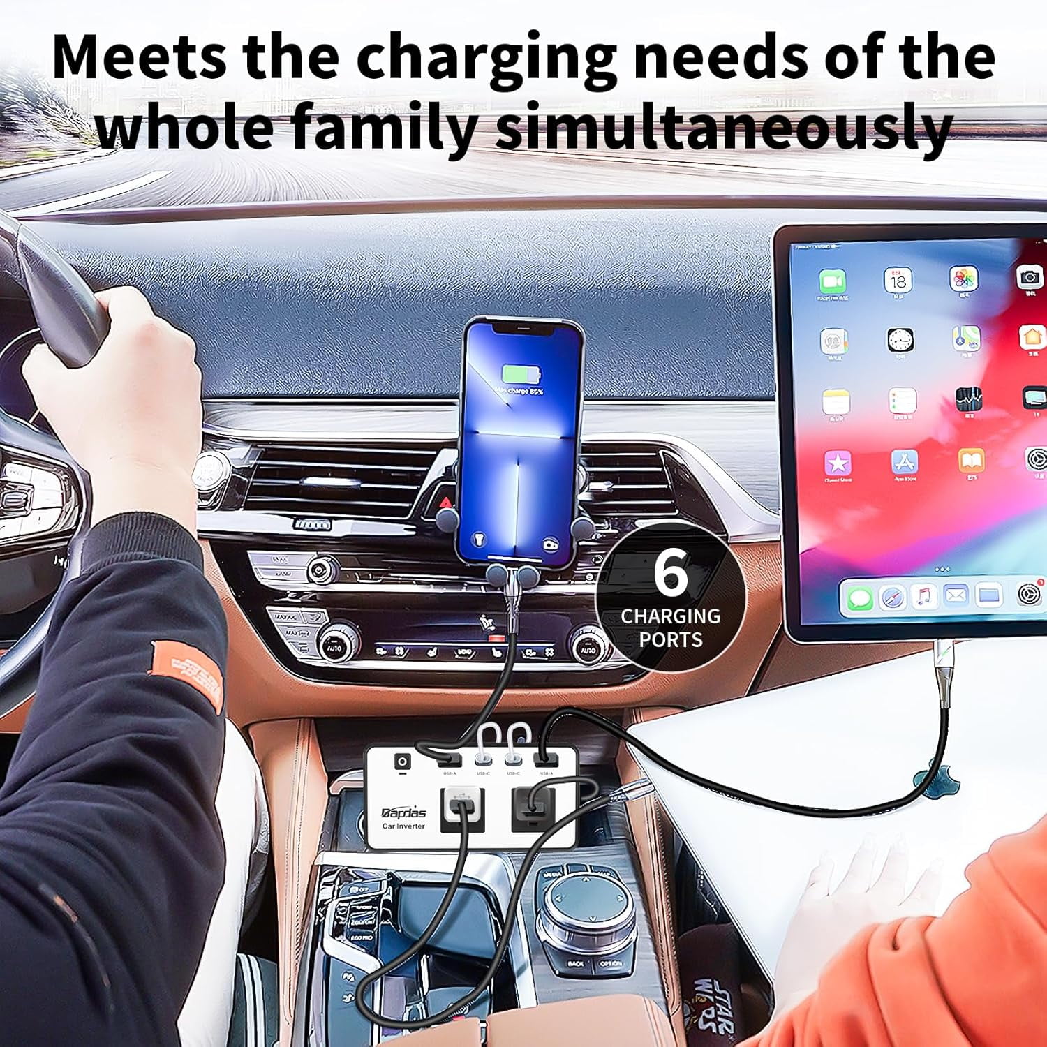 200W Car Power Inverter, DC 12V to 110V AC Car Outlet Adapter Plug, 24W Fast Charging USB-C&USB-A, Portable Charger Converter for Laptops, Phones