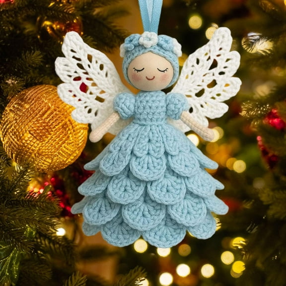 Christmas Crochet Angel Ornament Craft Kit - Cute Soft Knitted Yarn Pendant, Complete DIY Decor Set for Christmas Tree, Handmade Accessories for Personalized & Wall Decor, Light Blue, 5.91in