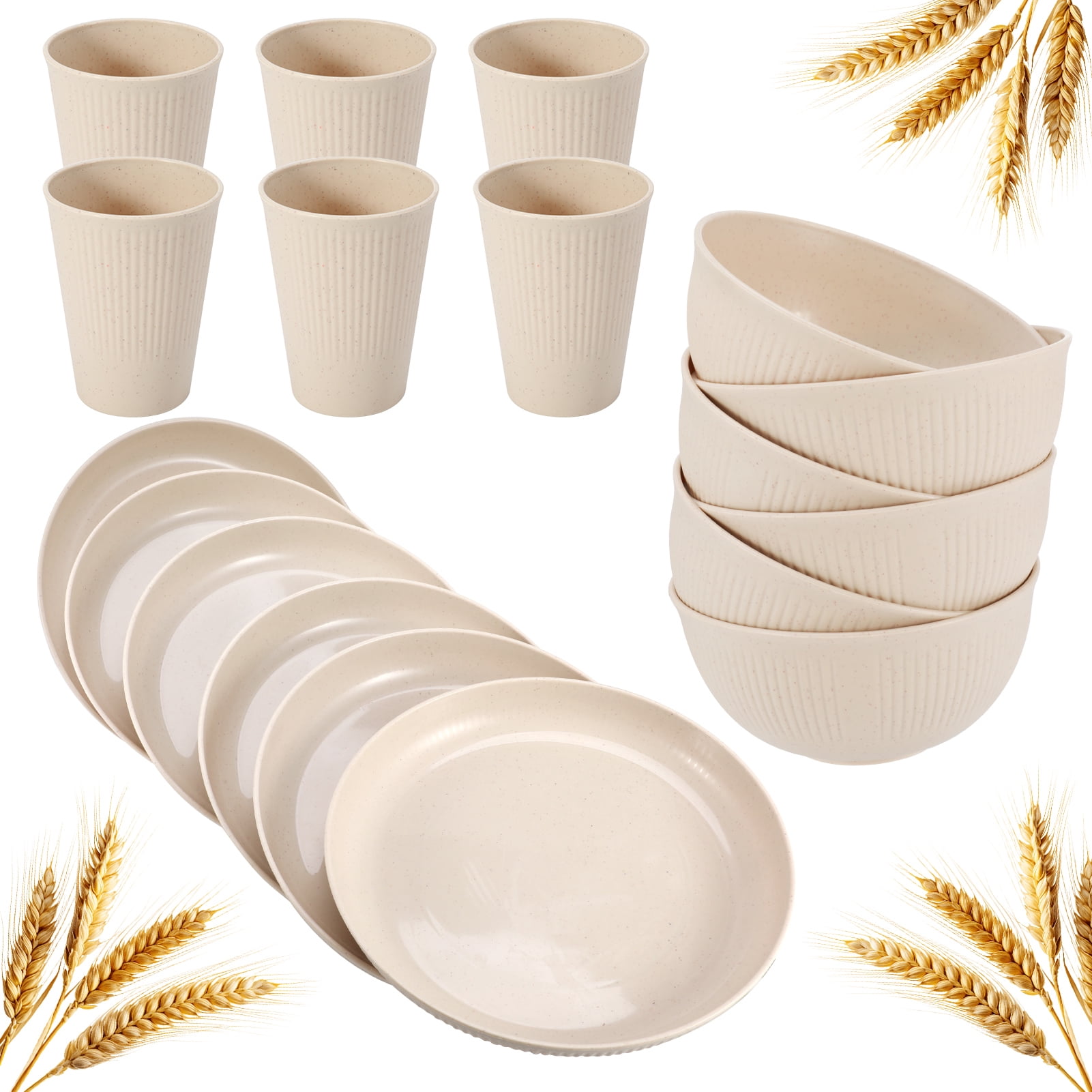 Bocaoying 18 Pcs Wheat Straw Dinnerware Sets, Unbreakable Dinnerware Sets Kitchen Cups Plates and Bowls Sets Plates Set Reusable Microwave Dishwasher Safe