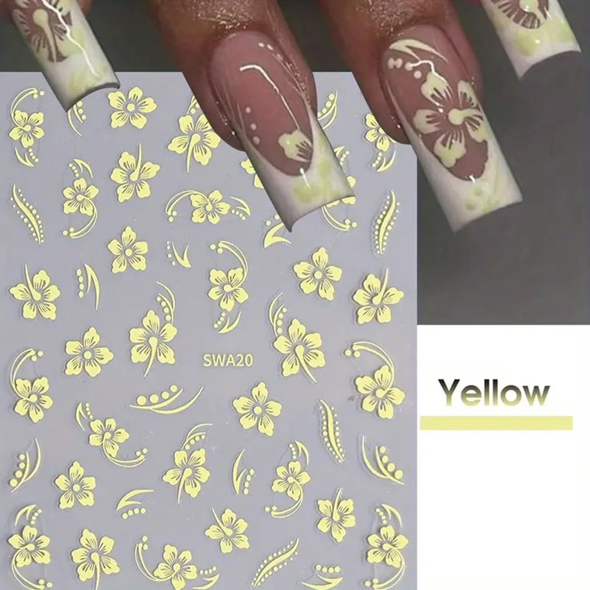 Hibiskus-Blumen Nagelsticker 3D Selbstklebend - 8 Blätter Mit Weißen, Pinken, Gelben Blüten Für Sommer-Nageldesign