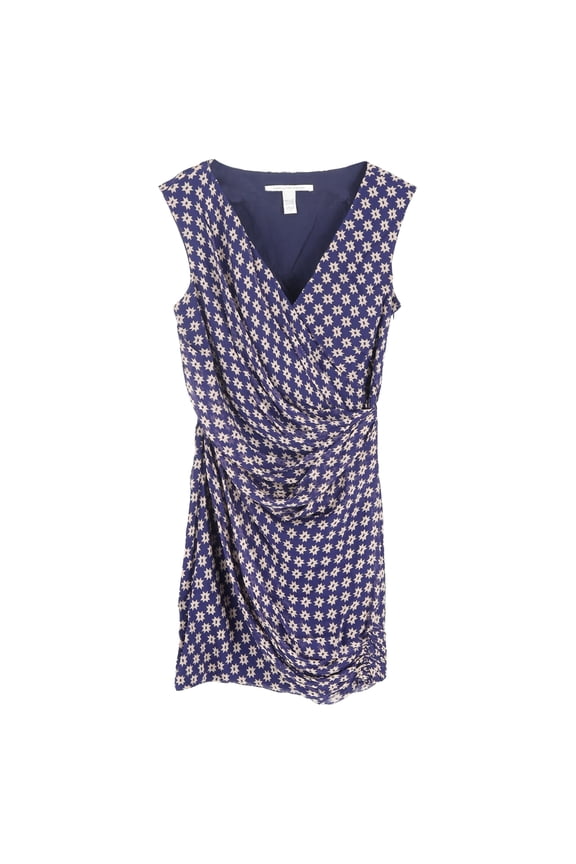 Pre-Owned Diane Von Furstenberg Star Print Ruched Francia Dress in Navy Blue Silk