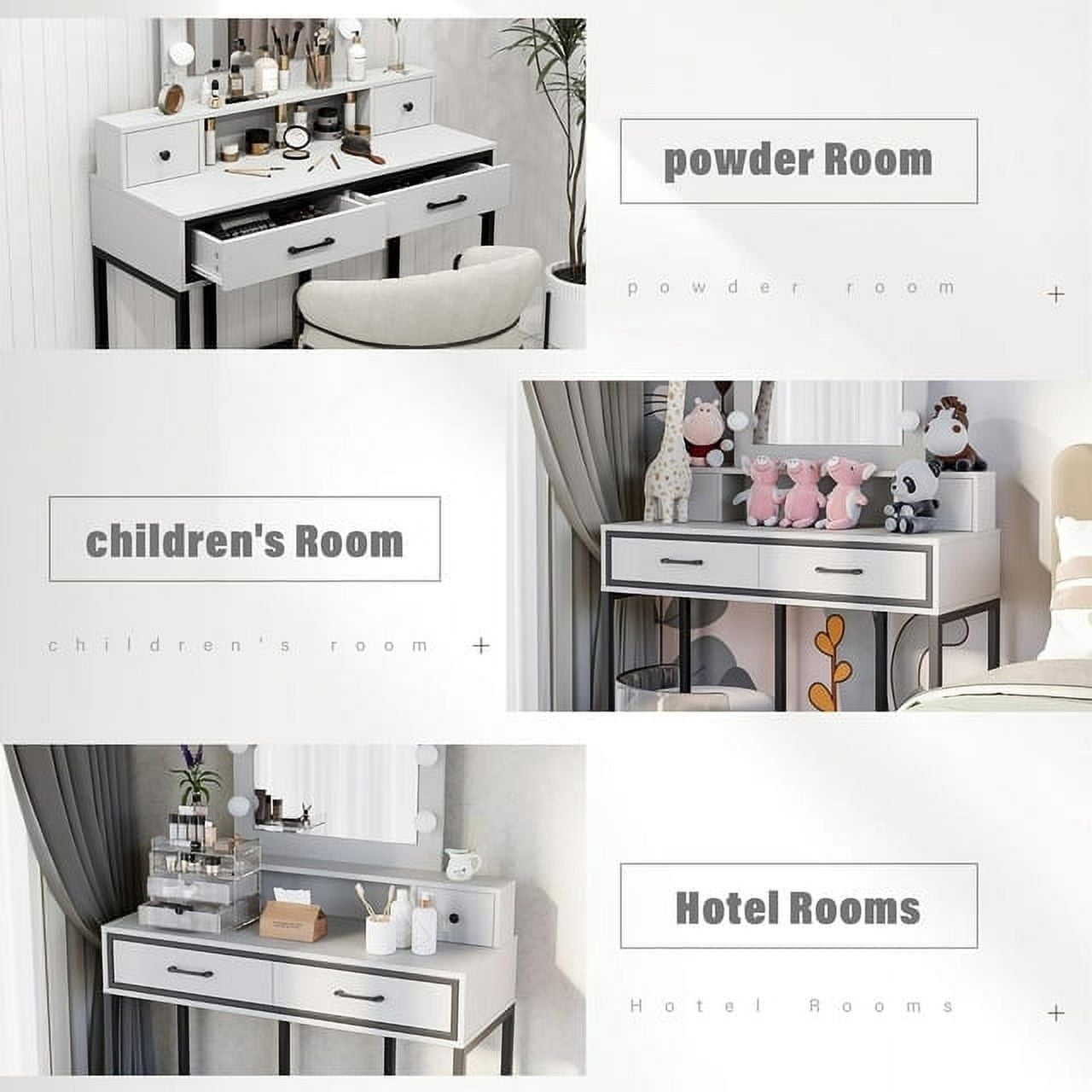 Heynemo Makeup Vanity 3 Color Hollywood Mirror with Dimmable Lighted, Vanity Table with 4 Drawers for Women Girls, Dressing Desk for Bedroom, Beauty Room, White