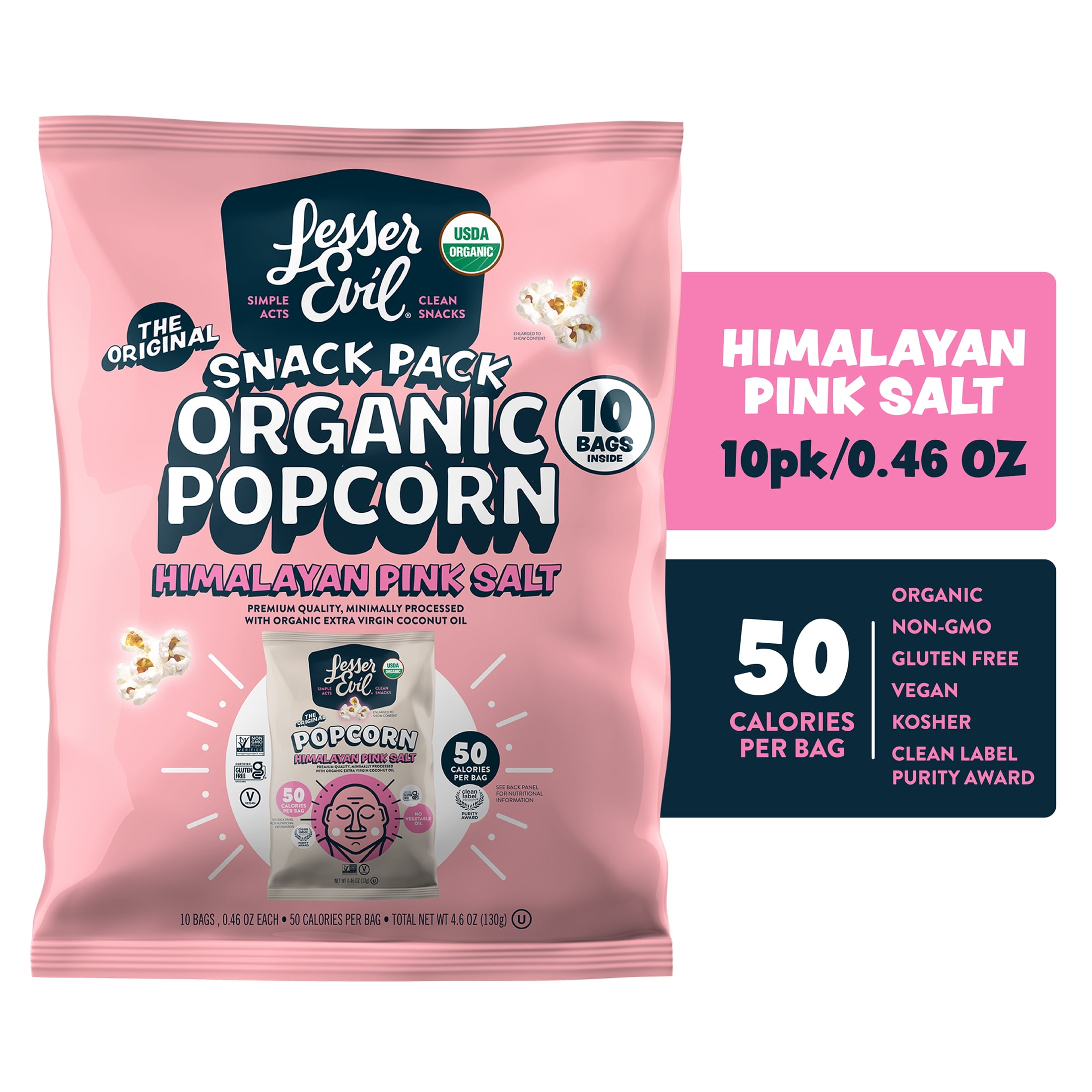 LesserEvil Organic Popcorn, Himalayan Pink, Gluten-Free .46 oz Bags, 10 Count
