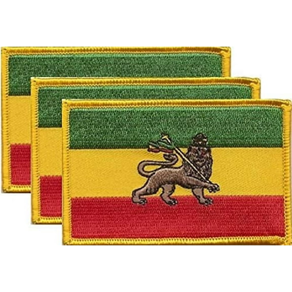Pack of 3 Ethiopia Lion Flag Patches 3.50" x 2.25", Ethiopian Lion Embroidered Iron On or Sew On Flag Patch Emblem