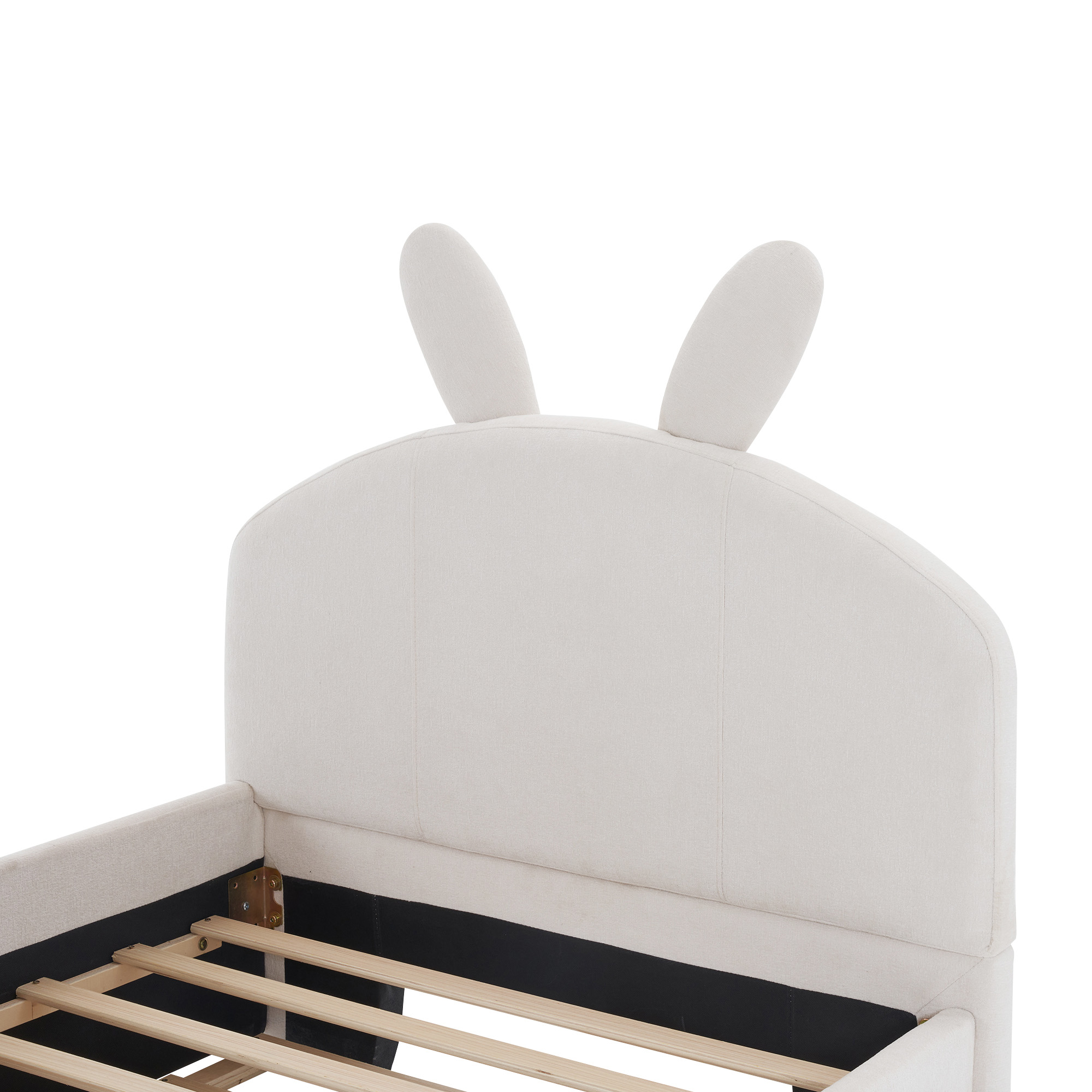 Aukfa Twin Size Upholstered Platform Bed with Trundle and Bunny Ears Headboard for Kids Girls, White