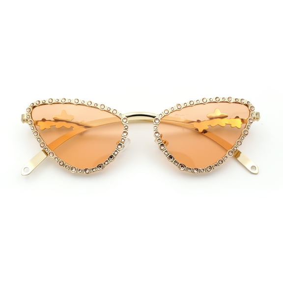 Womens Iced Out Bling Rhinestone Cat Eye Metal Rim Star Arm Sunglasses Gold - Peach