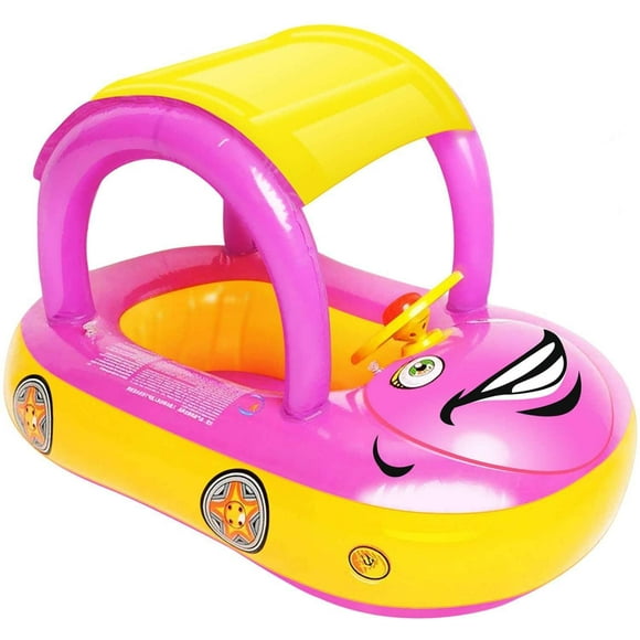Baby Inflatable Pool Float with Canopy, Car Shaped Babies Swim Float Boat with Sunshade Safty Seat for Toddler Infant Swim Ring Pool Spring Floaties Summer Beach Outdoor Play