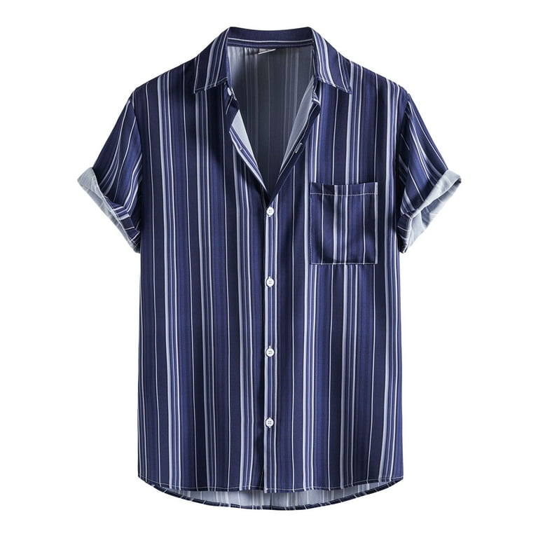 B91xZ Shirts for Men Men Summer Printed Top Shirt Turndown Collar Casual  Single Button Pocket Top Short Sleeve Shirt Mens Shirts Navy,Size XXL 