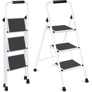 3 Step Ladder, VQJTCVLY Folding Step Stool with Wide Anti-Slip Pedal, 330lbs Sturdy Steel Ladder, Convenient Handgrip, Lightweight, Portable Steel Step Stool