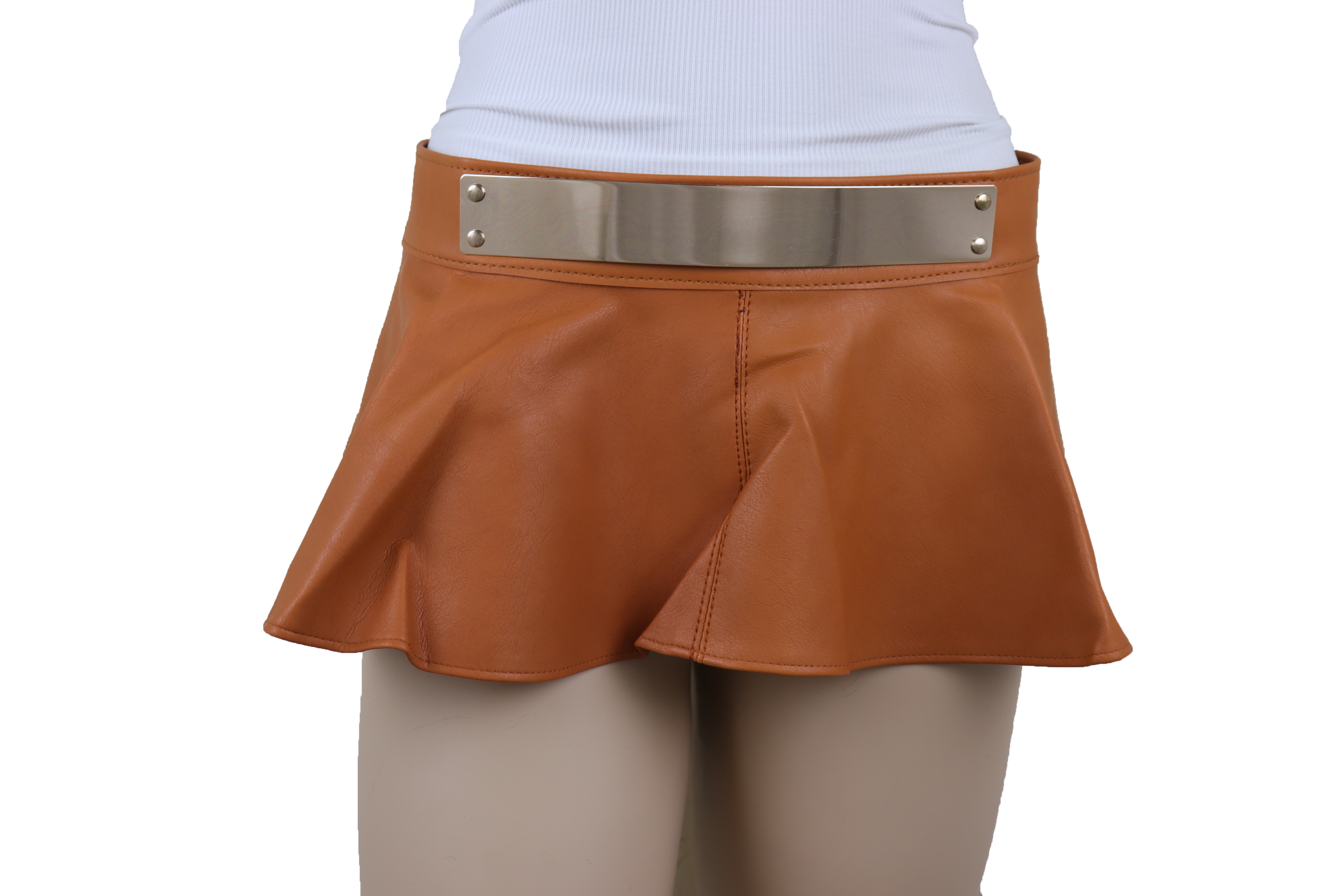 Women Beige Faux Leather Wrap Around Skirt Tie Belt Gold  display picture 2