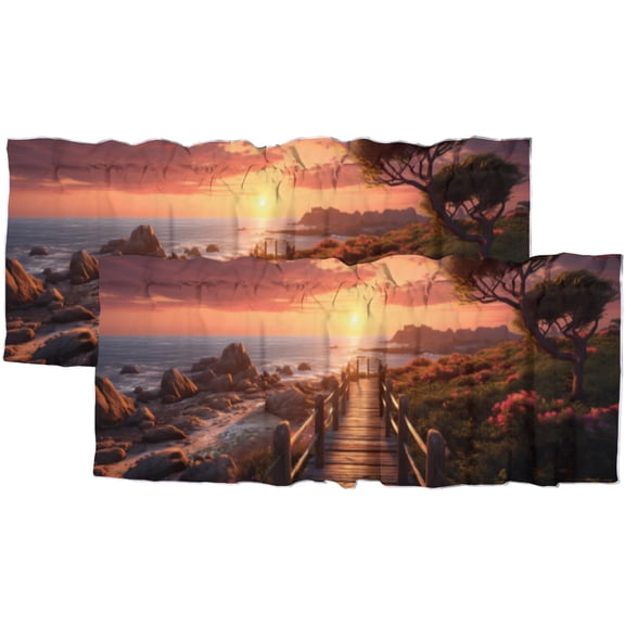 Ocean Valance Curtain for Kitchen Tropical Beach Wooden Bridge Sea Scenic Summer Seaside Coastal Window Valance for Living Room Bedroom, Kitchen Valance Rod Pocket Window Curtain 54 by 18 in, 2 Panel