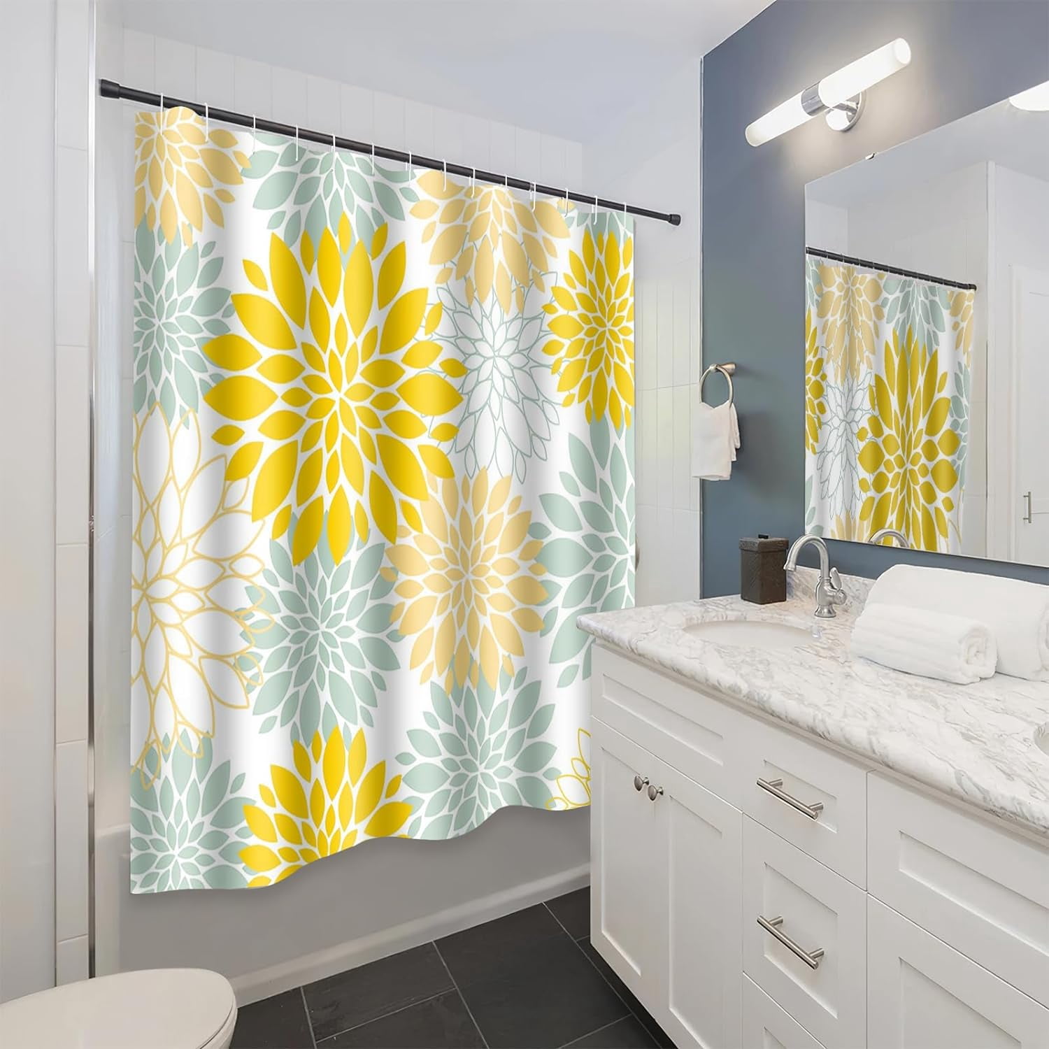 Yellow Flower Shower Curtain Dahlia Shower Curtain for Bathroom Sage Green Floral Shower Curtain Pinnata Wildflower Washable Waterproof Fabric Hotels Bathroom Decor with 12 Hooks 72" X 72"