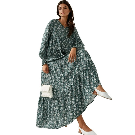Printed Crew Neck Viscose Maxi Dress