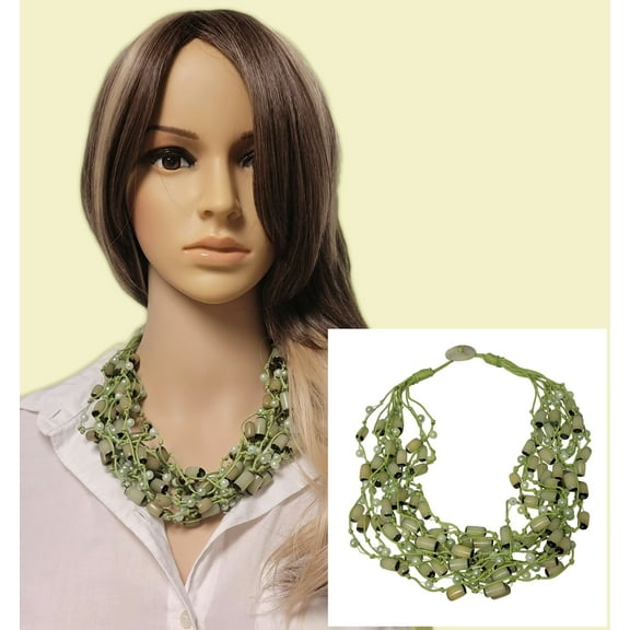 Multi Strand Light Pastel Green Faux Pearl Wooden Disc Beaded Layered Necklace For Women 21"