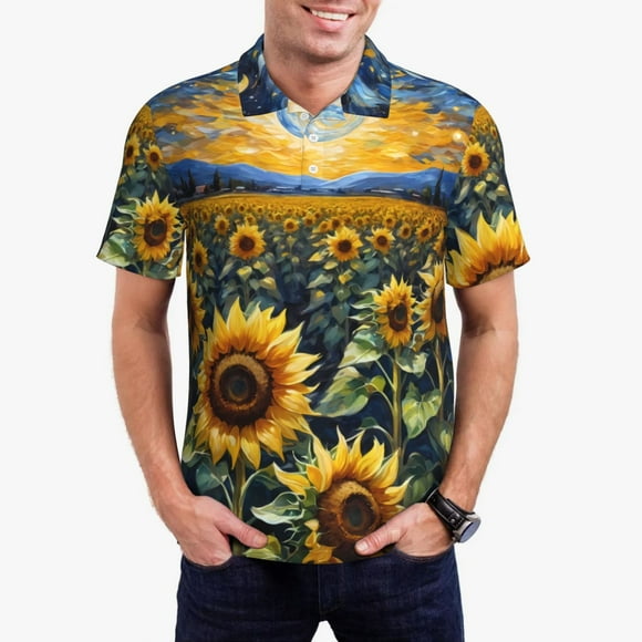 Saiise Starry Sky Moon Sunflower Print Mens Golf Shirt Moisture Wicking Quick-Dry Print Performance Polo Shirts for Men-Large
