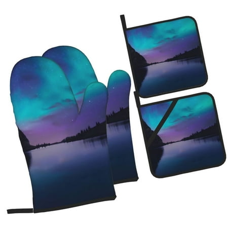 

Haiem Night At Lake Aurora Print Extra Long Oven Mitts and Pot Holders 4pc Sets: Heat Resistant Silicone Oven Mittens with Mini Oven Gloves and Hot Pads Potholders
