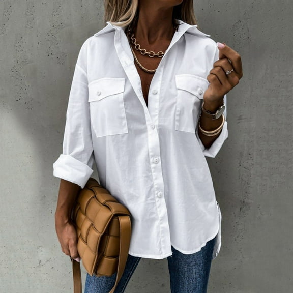 ICHUANYI Womens Classic White Shirts Solid Color Lapel Button Down Long Sleeve Blouses V Neck Casual Loose Tops