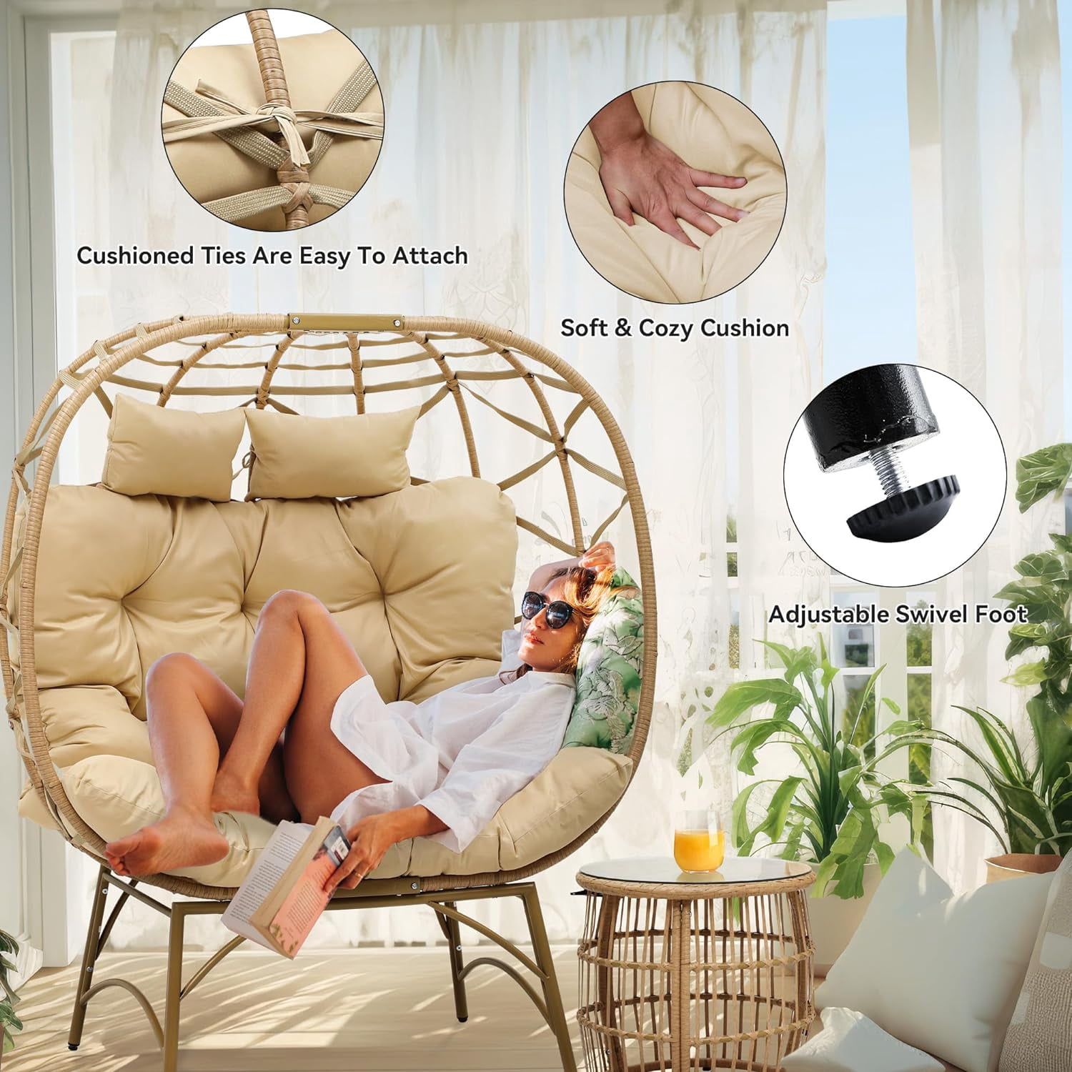Dextrus Double Egg Chair with Cushions & Handwoven Rattan, Beige (Set of 2)