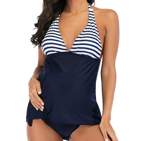 US Fashion Women Maternity Pregnancy Swimwear Plus Size Two Piece Swimsuit Beachwear Swimming Costumes Bathing Suit Halter V Neck Backless Push Up Bra Padded S-5XL Dark Blue