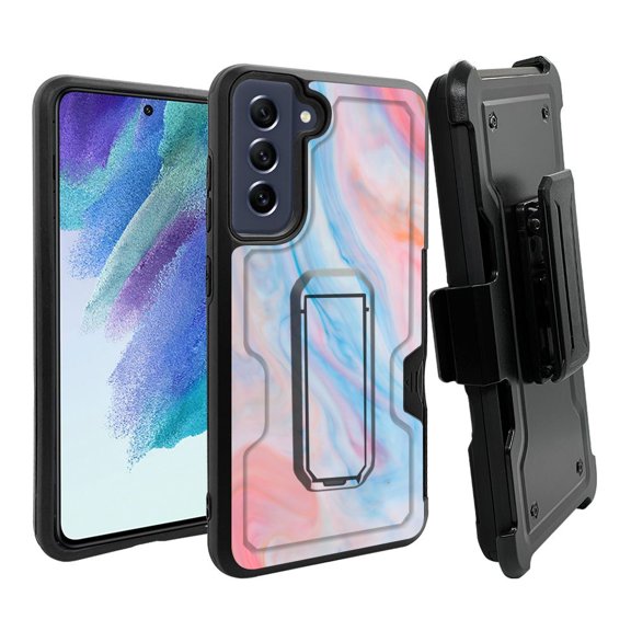 ANJ  Rugged Dual Layer Shockproof Holster Case w/Card Slot, Kickstand   Tempered Glass for Samsung Galaxy S21 FE 5G - Pastel Marbling