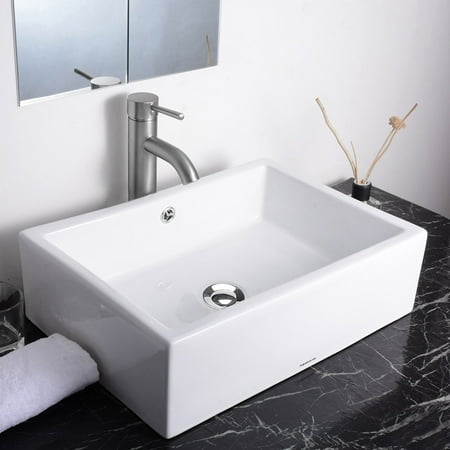 Reverse Bowl Sink - Aquaterior Rectangle Bathroom Vessel Sink Porcelain Ceramic Bowl Basin w/ Chrome Drain White 19