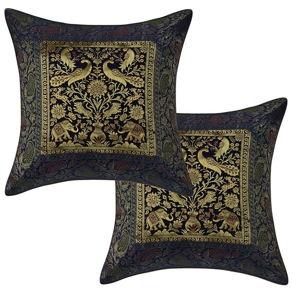Stylo Culture Indian Decorative Throw Pillow Covers 16 x 16 Jacquard Peacock Blue Square 40 x 40 cm Home Decor Brocade Elephant Zippered Cushion Covers | Set Of 2