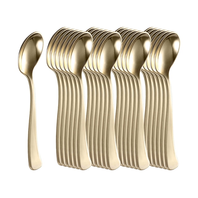 juego de cubiertos de cuchara de plástico de 25 piezas juego de vajilla desechable minimalista juego Conjunto de 25 cucharas desechables color dorado con acabado liso y cuenco ovalado, vista frontal agrupada sobre fondo blanco; longitud aproximada 17.5 cm, pensadas para postres, café y reuniones, y suelen utilizarse también como cubiertos de muestra en eventos.