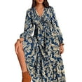 thumbnail image 2 of Females Boho Floral Long Sleeve Maxi Dress V Neck Waist Fall Wedding Guest Dresses with Pockets Navy Blue S, 2 of 9